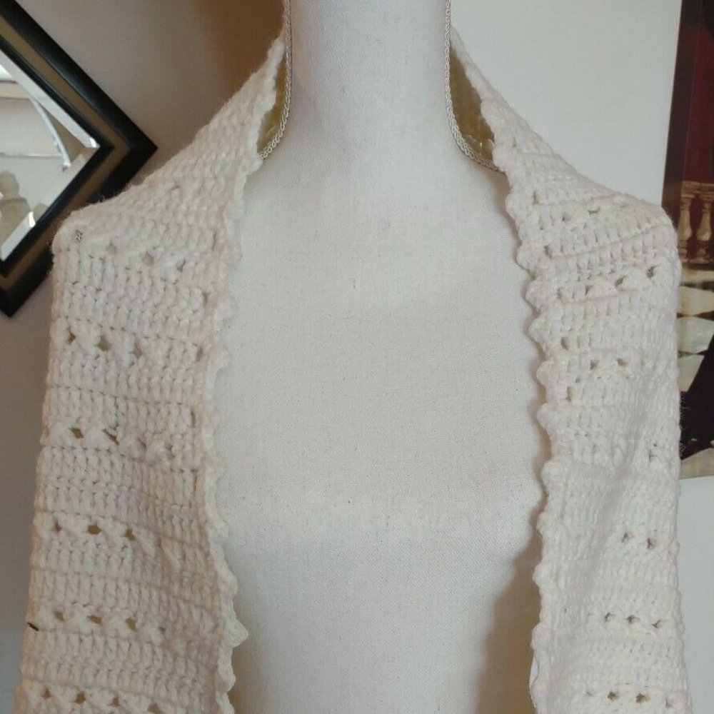 Vintage Crocheted Fringe Wrap Ivory White Handmade Shawl